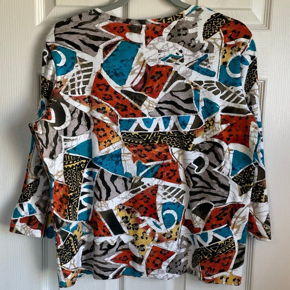 Chico’s Additions 100% Cotton Top Sz Large V-Neck Abstract Colorful Artsy Boho - Picture 2 of 8